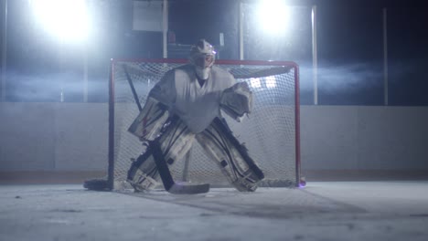 goaltender protecting net during hockey match