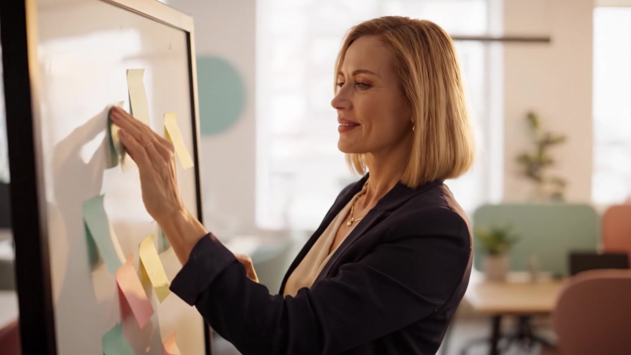 Professional woman engaging with a brainstorming board in a modern office, showcasing creativity and collaboration through sticky notes in a vibrant workspace.