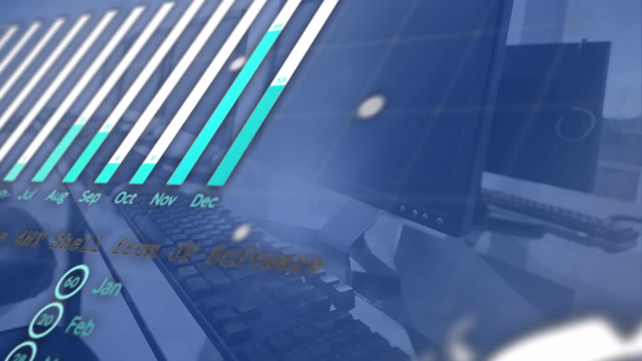 animazione dell'elaborazione dei dati statistici contro computer su scrivanie d'ufficio.