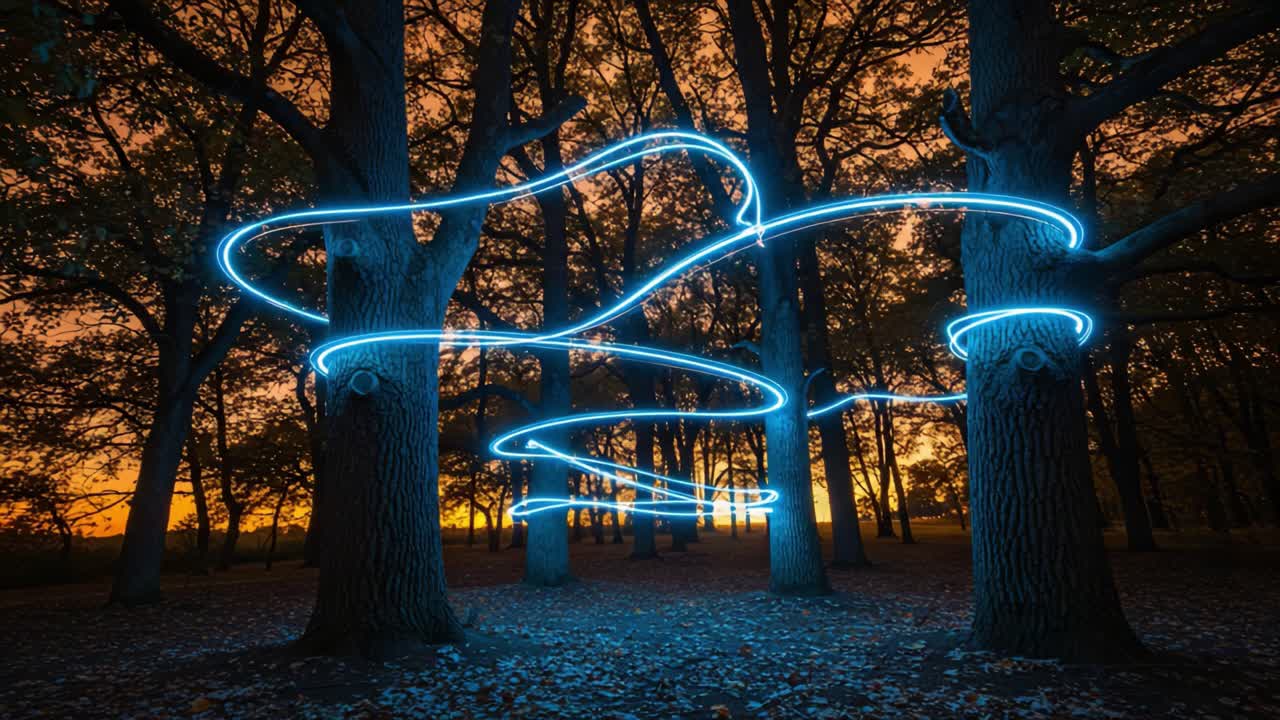 A Magical Display of Illuminated Twists and Turns: Ethereal Blue Light Trails Dance Amongst Majestic Trees During a Breathtaking Sunset