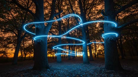 a magical display of illuminated twists and turns: ethereal blue light trails dance amongst majestic trees during a breathtaking sunset