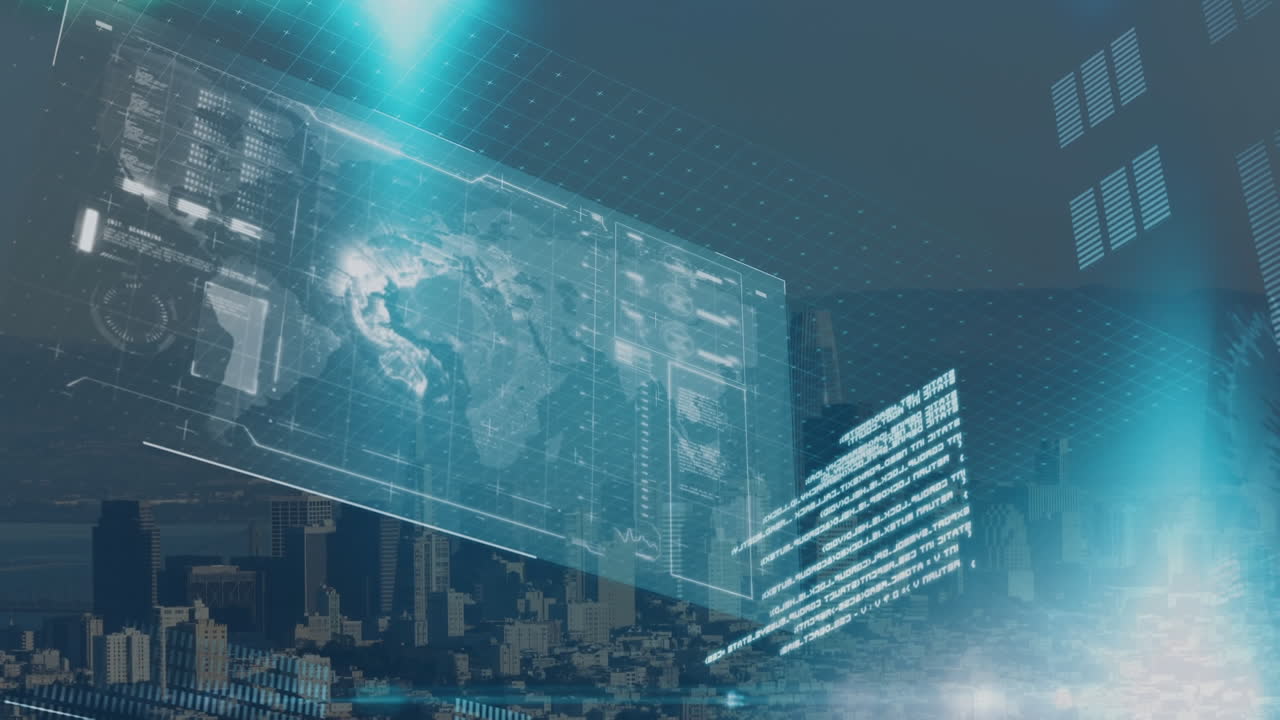 데이터 처리 및 푸른 빛 반점과의 인터페이스의 애니메이션 도시 풍경의 공중 전망에 대해