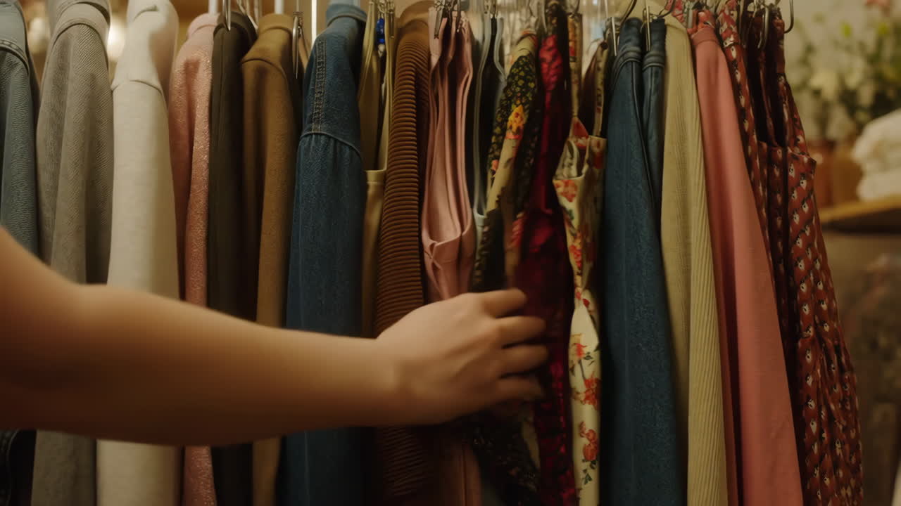 Person's Hand Browsing Clothes on a Rack