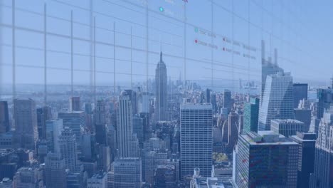 animation of statistical and stock market data processing against aerial view of cityscape