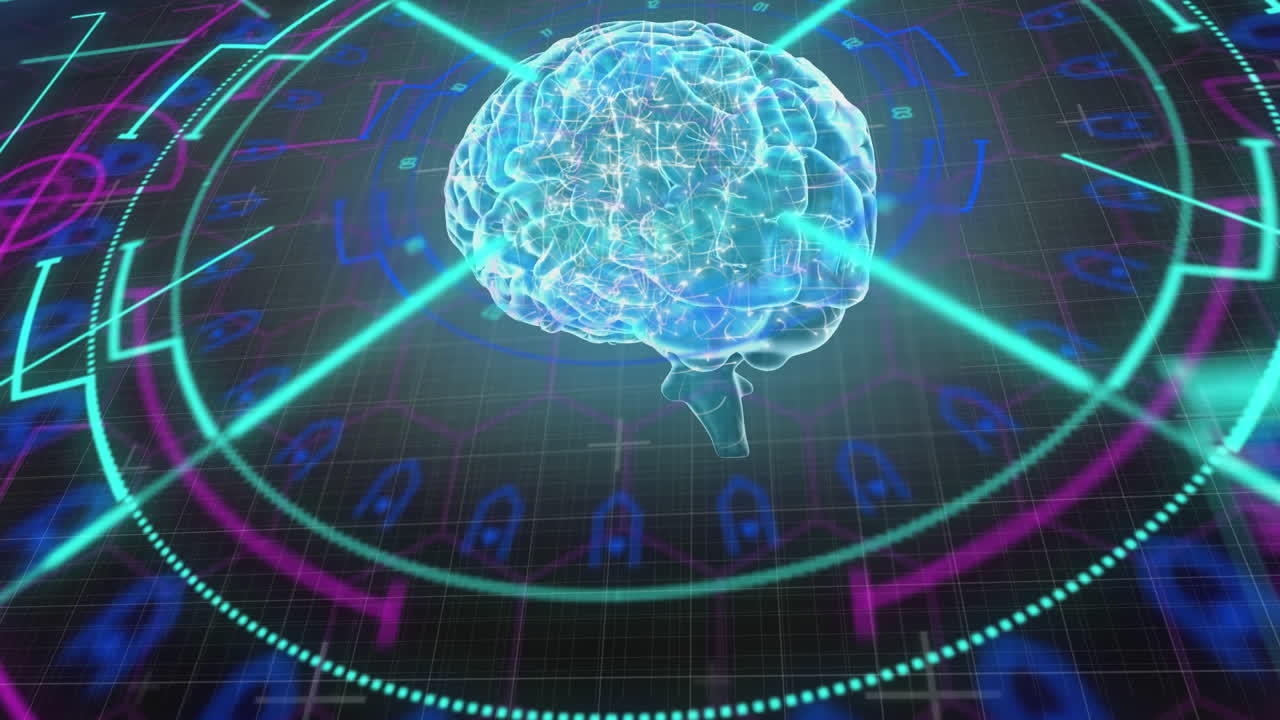 Animation of glowing human brain, scope scanning and data processing over grid in background