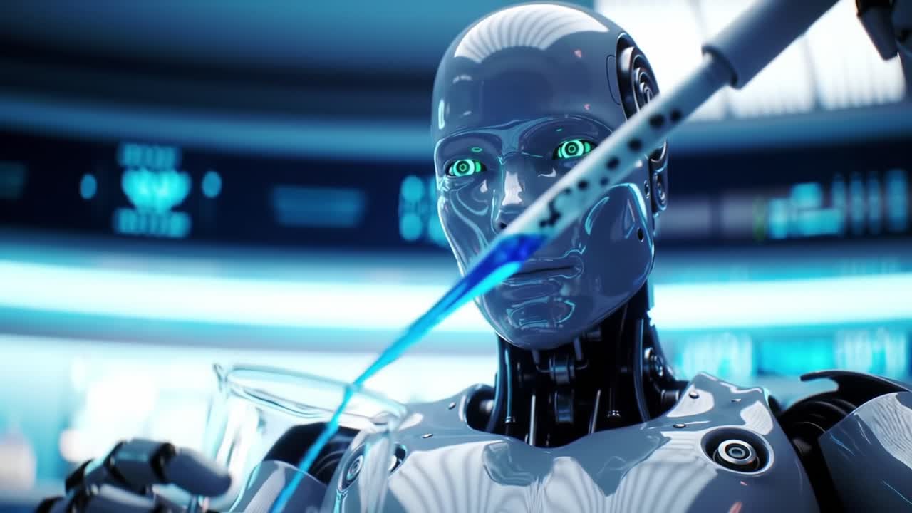 Advanced Robotics in Action: A Cutting-Edge Robotic Scientist Conducting Experiments with Precision Using a Pipette in a High-Tech Laboratory Environment