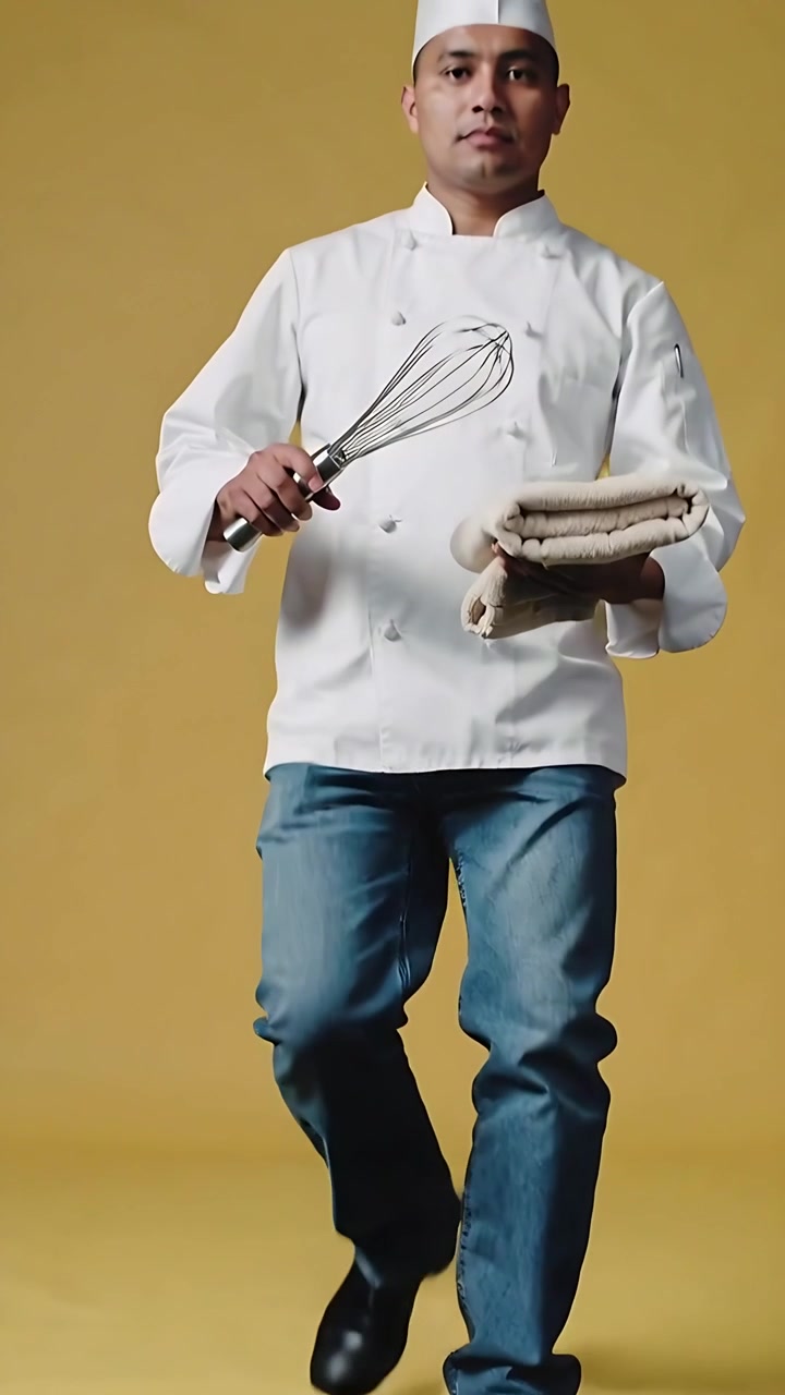 Video verticale: Uno chef in giacca che cammina presenta una frusta e degli asciugamani, con la telecamera che si avvicina su un set giallo.