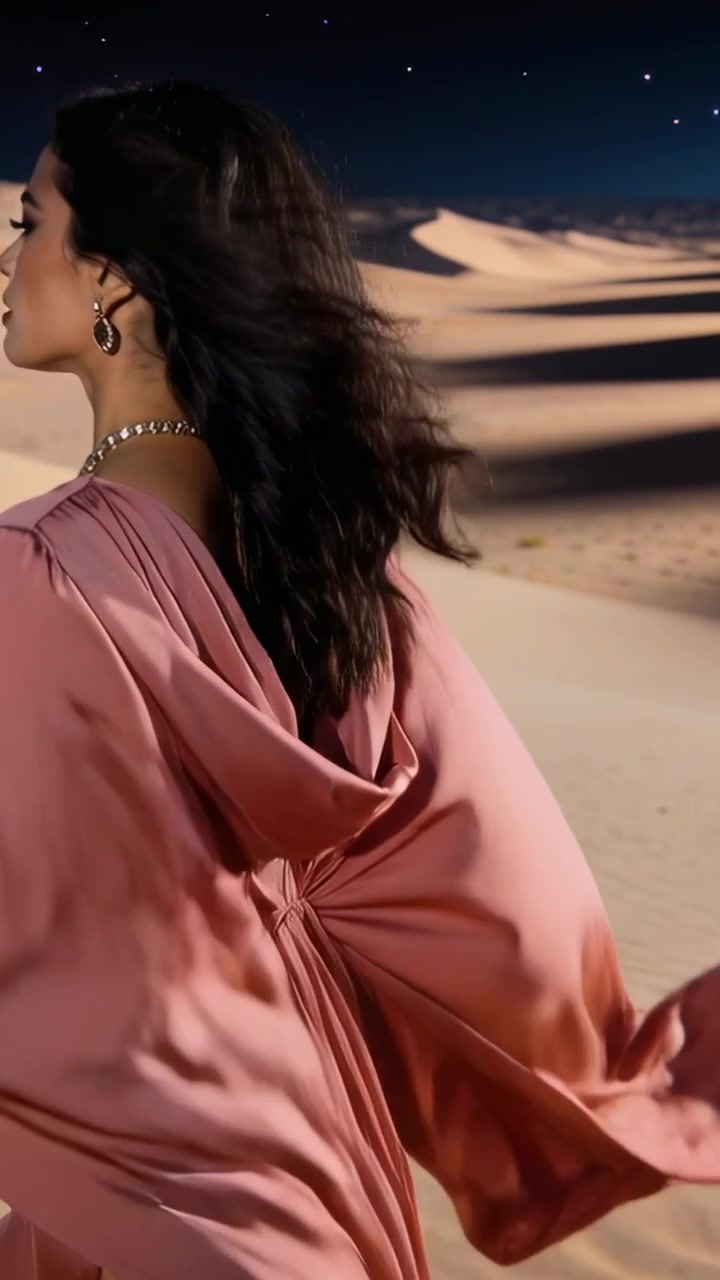 Video verticale: Brezza che solleva la vestaglia rosa, donna in posa sulle dune, stelle, indossa orecchini a cerchio d'oro, spazio per il testo