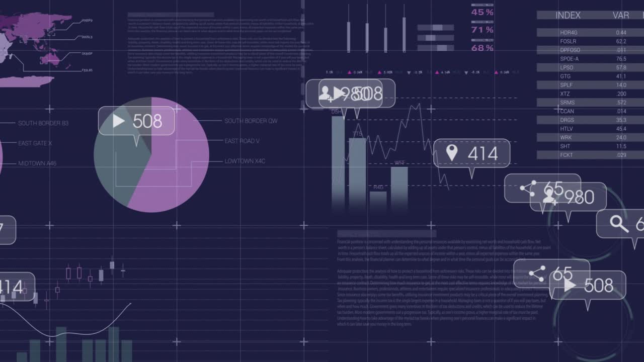 Opening with dark blue grid, dashboard animating charts and floating badges showing live engagement