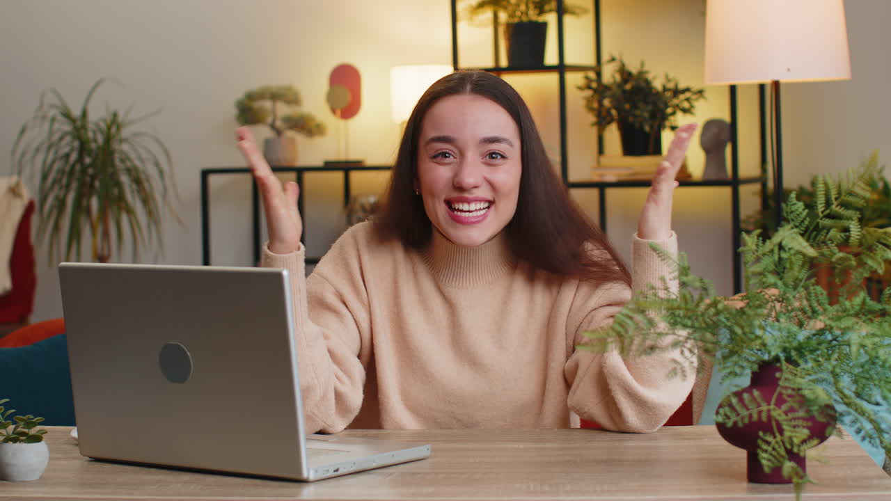 Excited happy caucasian woman surprised shocked sudden victory good win news celebrate wow reaction