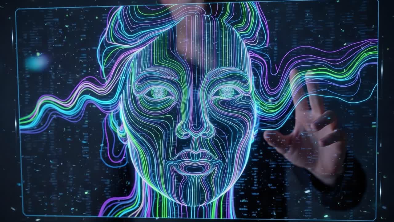 A Digital Portrait of an Abstract Face Enhanced by Neon Lines and Patterns, Representing the Fusion of Technology and Art in a Futuristic Setting