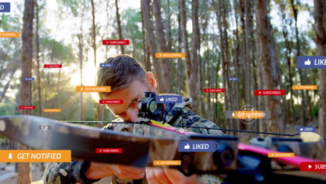 hombre apuntando con el arco en el bosque con notificaciones de redes sociales animación más