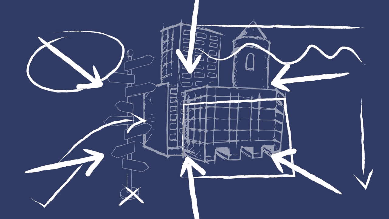 animación digital de múltiples iconos de flecha contra contra el boceto del paisaje urbano sobre fondo negro