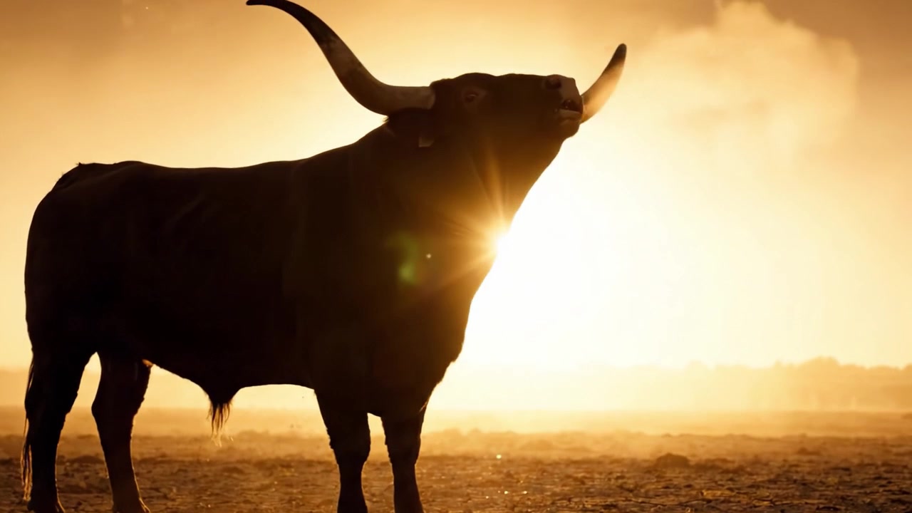Maestosa silhouette di un toro contro uno splendido sfondo al tramonto, che cattura l'essenza della bellezza della natura e della vita selvaggia in un paesaggio sereno.