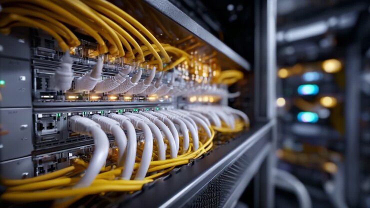 Primo piano dettagliato di cavi di rete e connettori in un rack server, che mette in risalto la connettività dati avanzata e l'affidabilità dell'infrastruttura