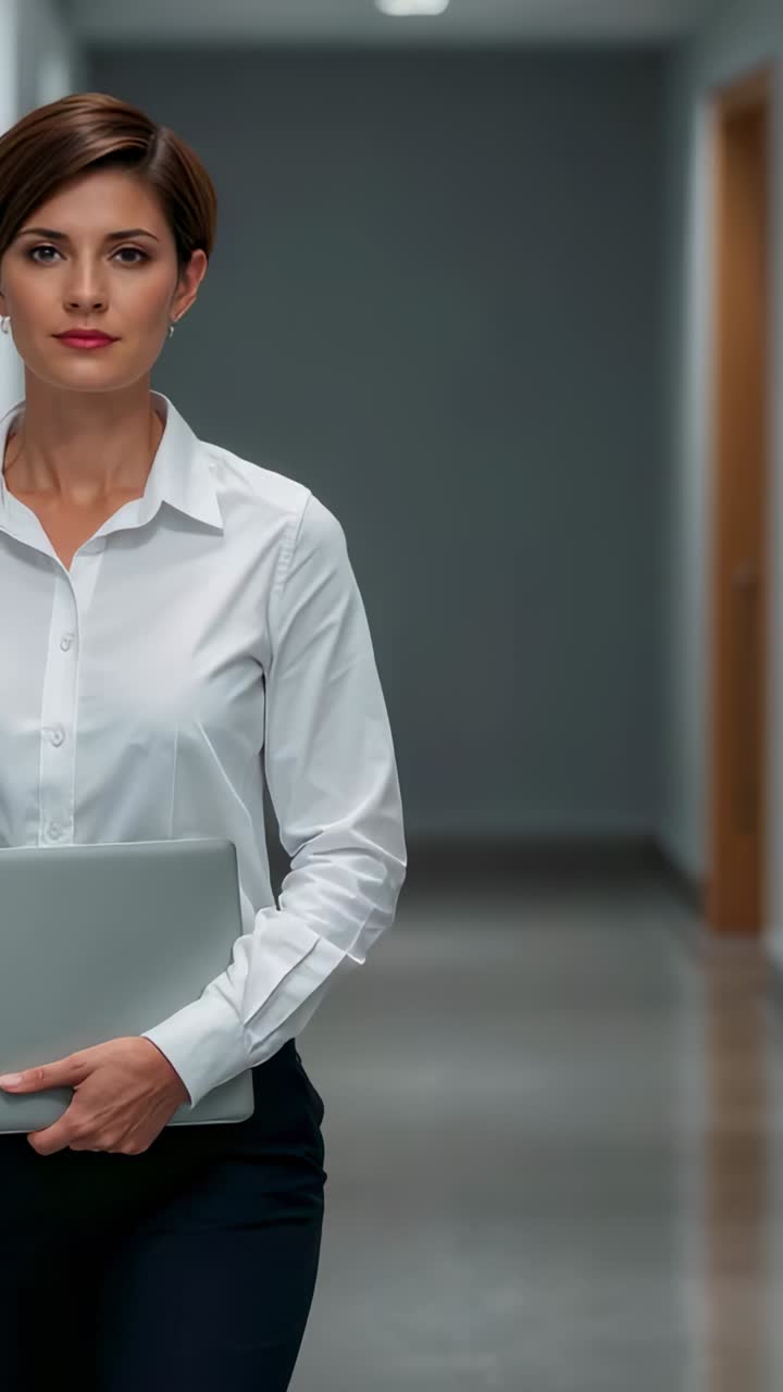 Video verticale: donna che cammina indossando una camicetta bianca e portando un laptop lungo il corridoio mentre la camera zooma