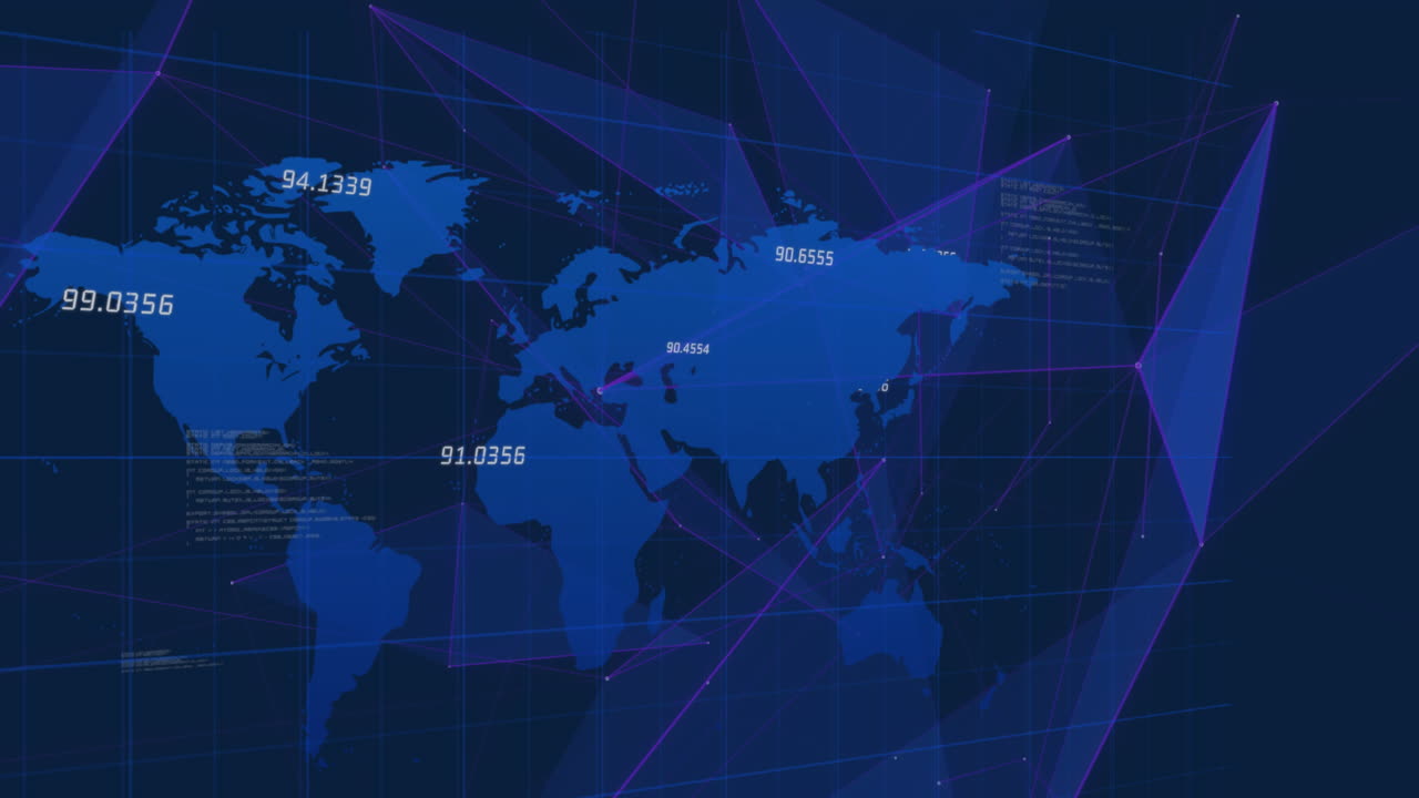 세계 지도를 가로지르는 연결 네트워크의 애니메이션