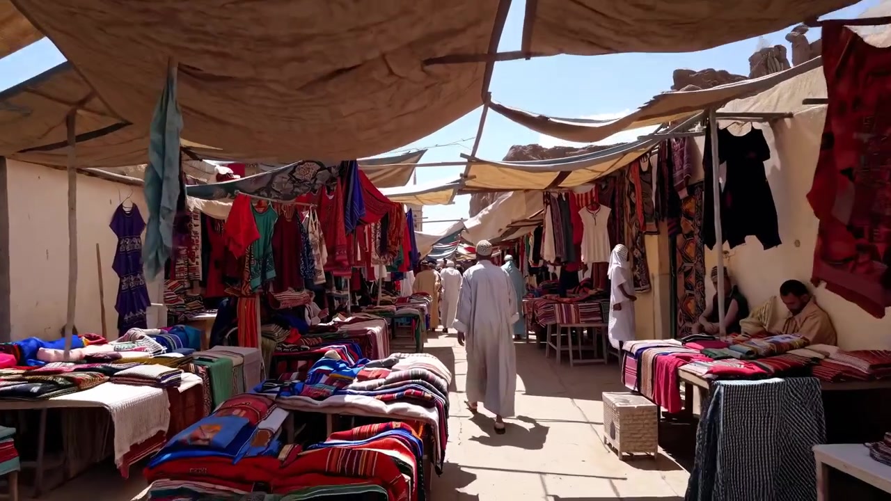 Aerial View of Desert Dunes Transitioning to Traditional Outdoor Market