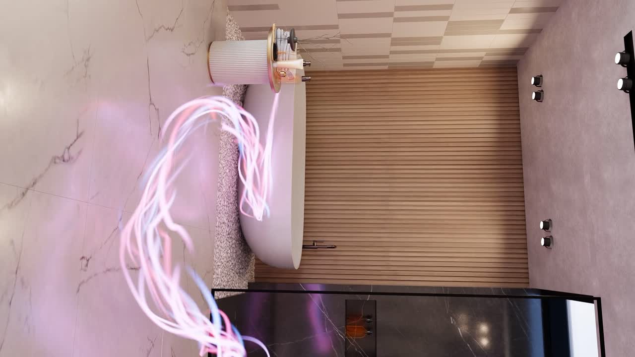 flujo de energía vertical en 3d renderización animación de la casa moderna baño diseño de interiores arquitectura