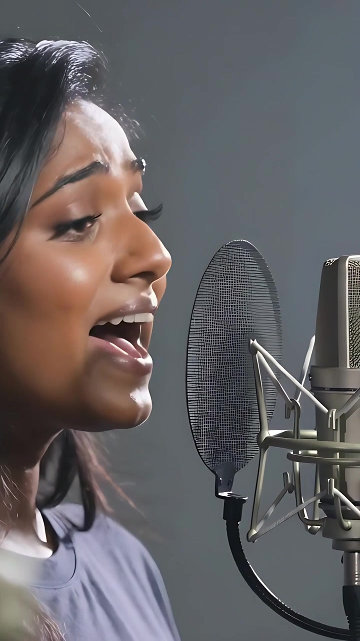 Video verticale: Cantante indiana che prende fiato mentre registra la voce in studio con microfono e filtro anti-pop.