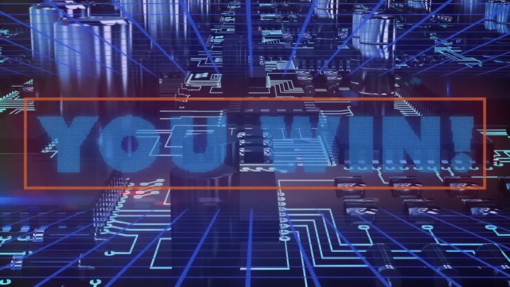 Animation of you win text over geometrical shapes and data processing