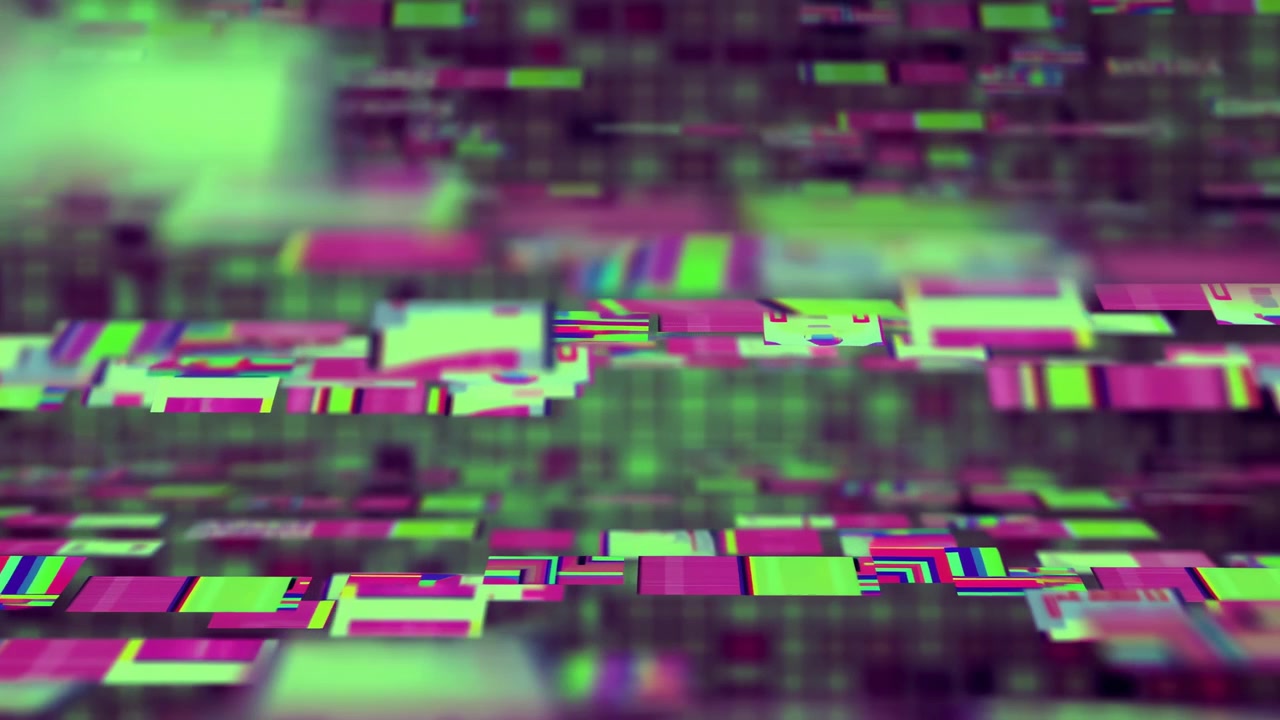 Neon-Glitch-Landschaft mit pixeligen Schaltkreisen und magentafarbenen grünen Blöcken, KI-Datenströme wellen sich über flache Oberfläche