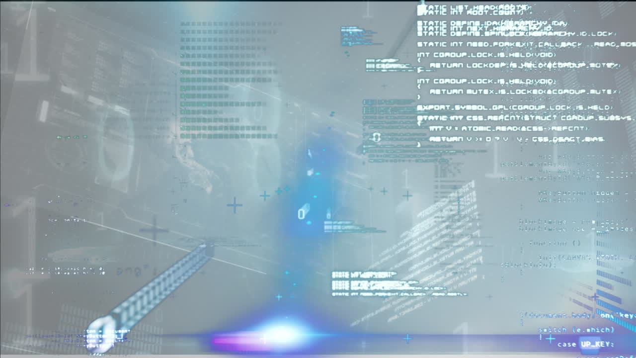 Digital animation of data processing against blue spots of light on grey background