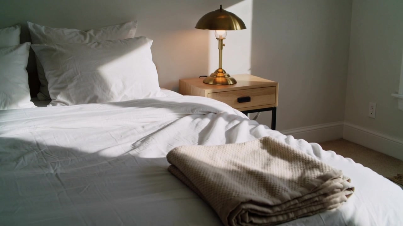 Shifting sunlight crossing white duvet bed from window, revealing folded beige throw and brass lamp