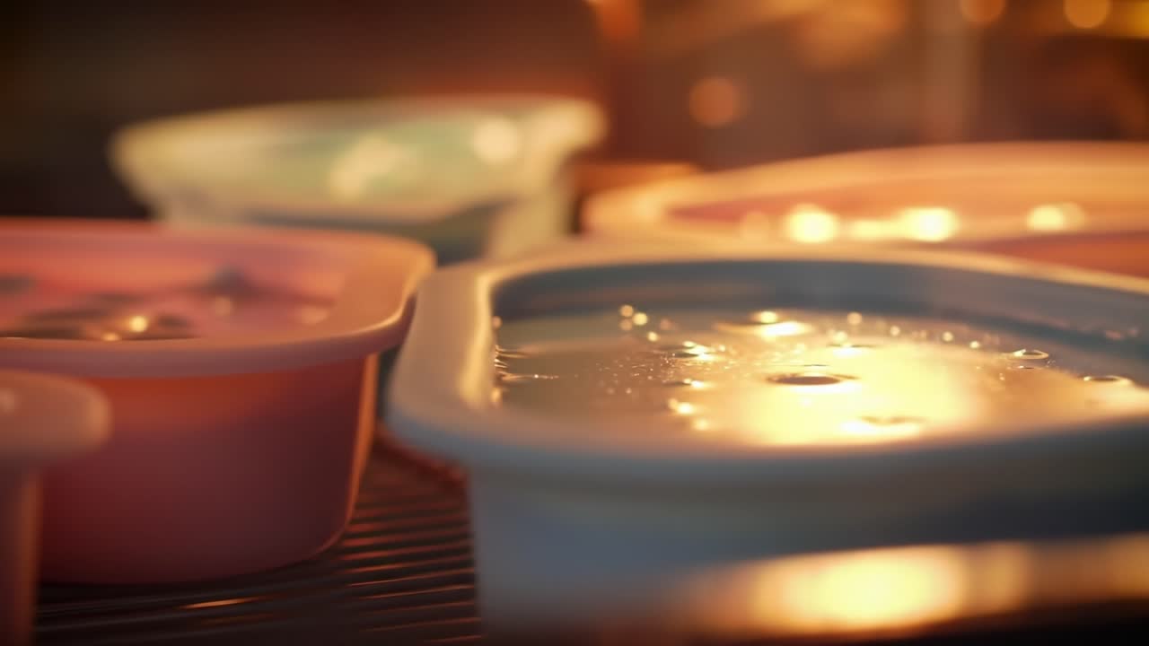 Melting Colorful Ice in Trays as Warm Light Surrounds the Kitchen