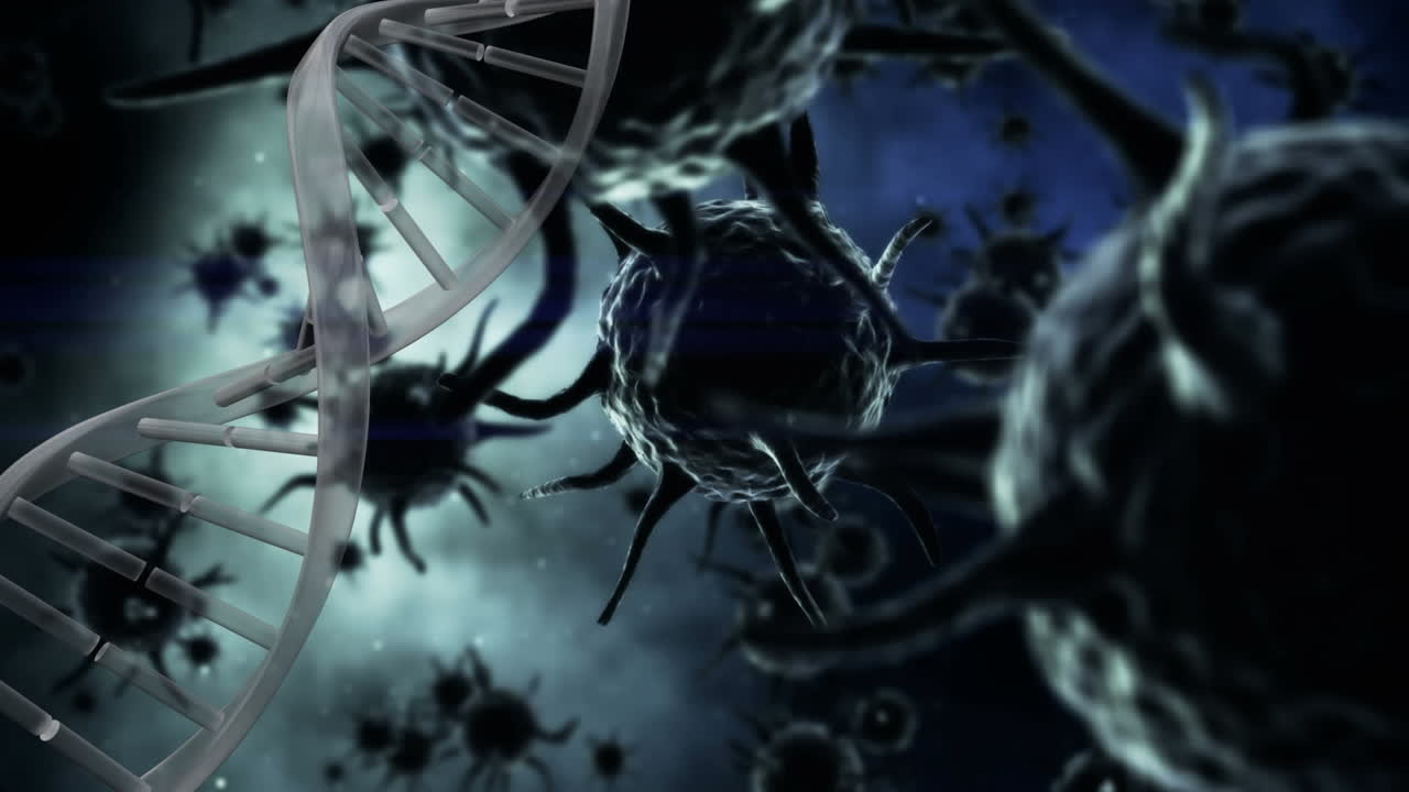 animación de la cadena de adn girando sobre las células de covid 19 flotando