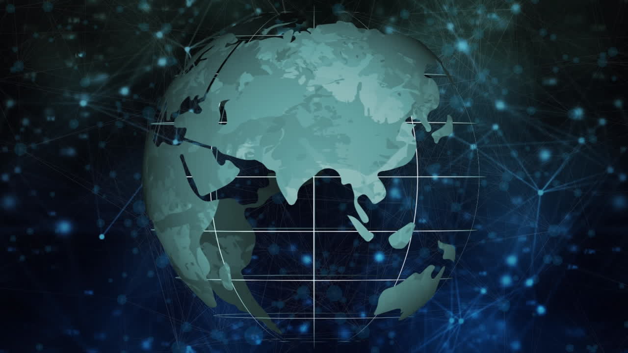 Animation of globe rotating, over network of connections on black background