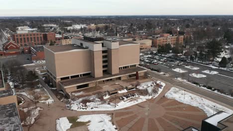 aerial, empty university campus during covid 19 pandemic lockdown in the winter