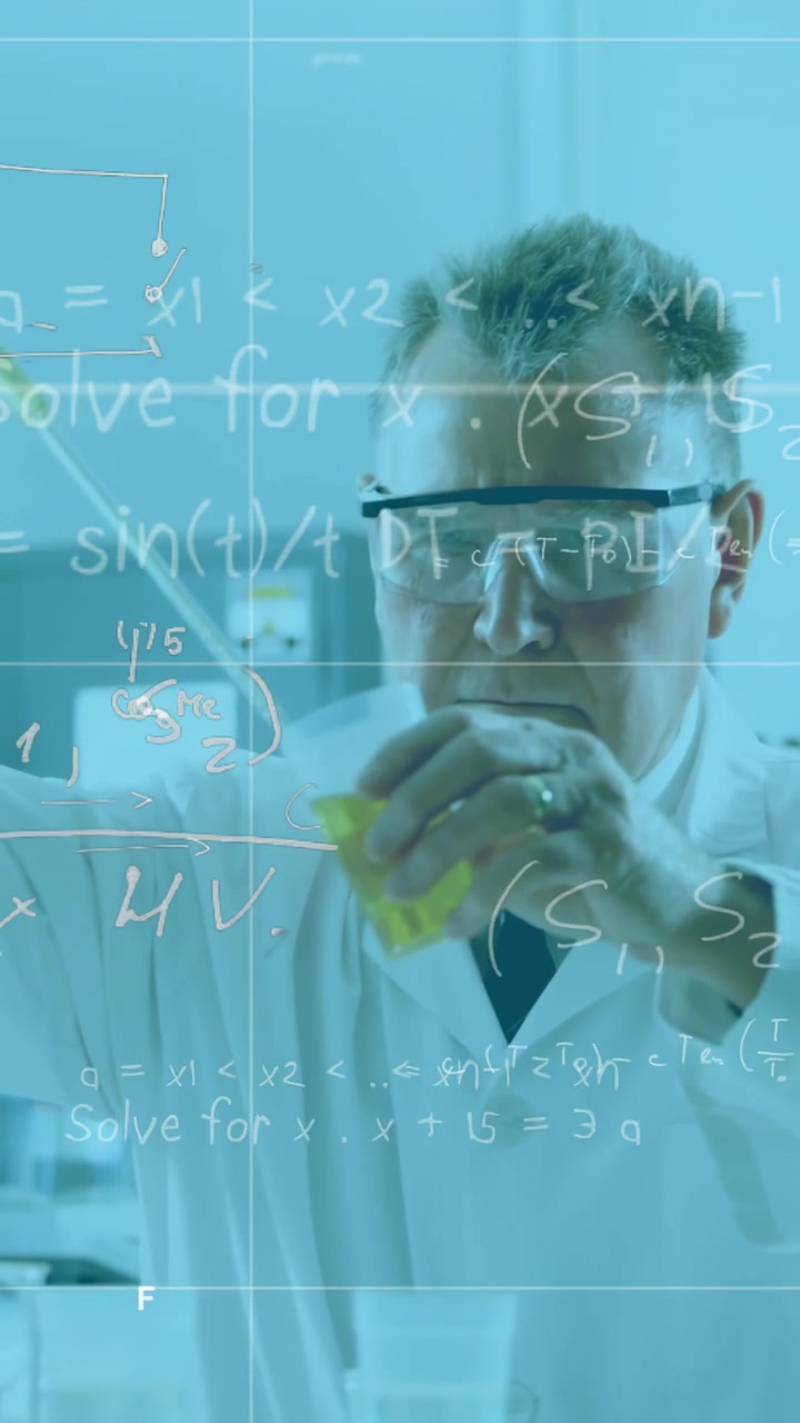 Vertical video: Scientist lowering pipet, adding sample for test in lab, equation overlay