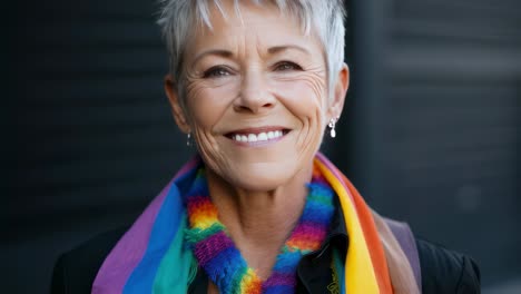 older woman wearing pride flag