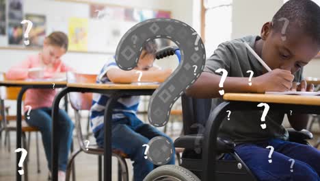 animation of question marks over diverse schoolchildren sitting in classroom