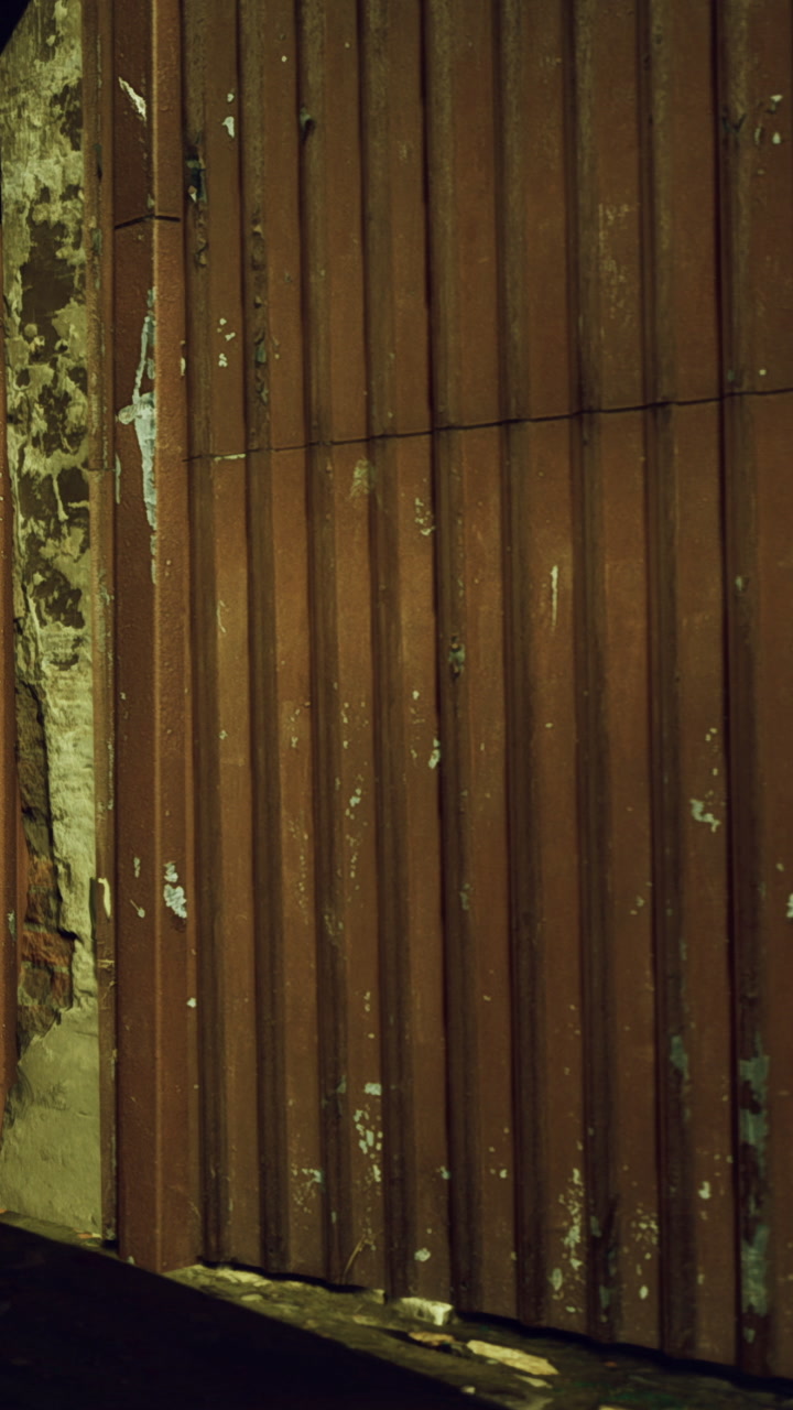 Rusty metal door stands in an old urban setting during the evening hours