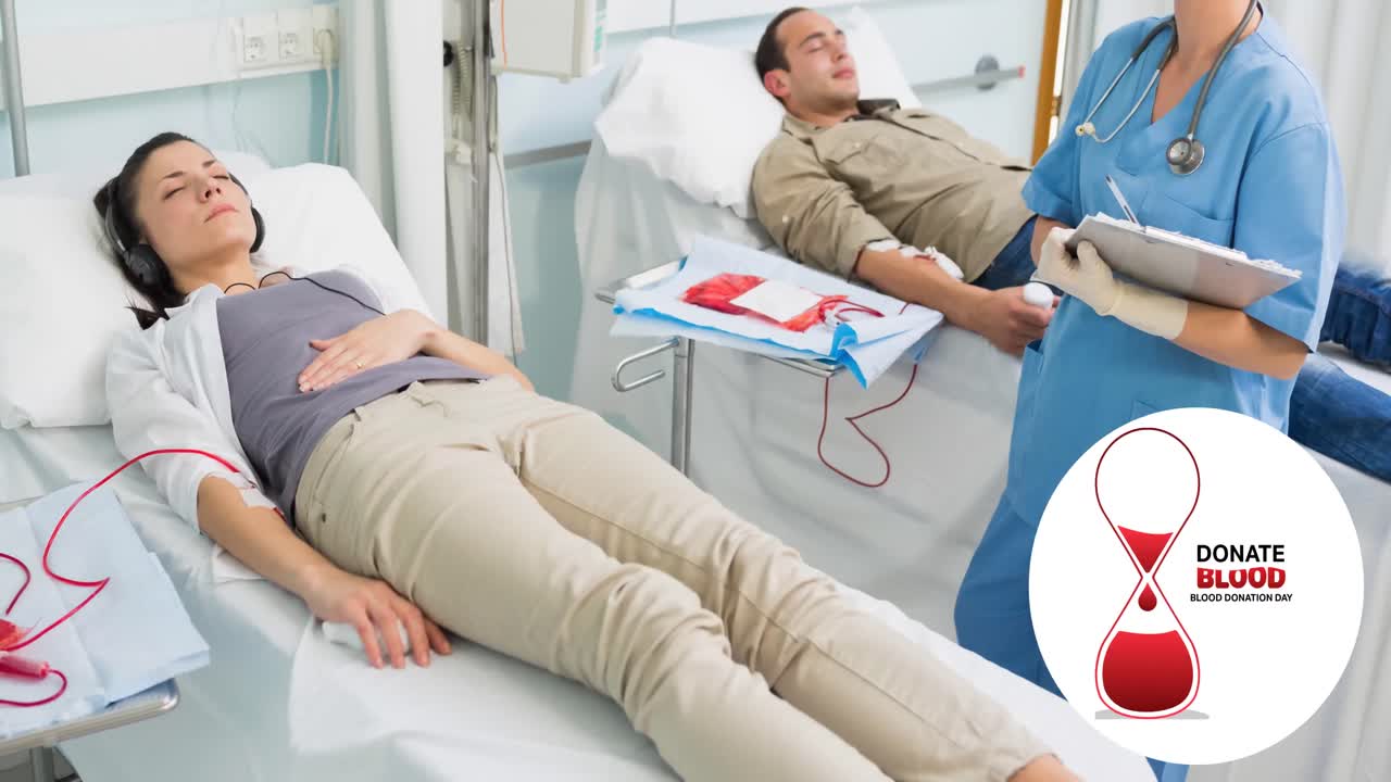 혈액 모래시계 로고와 함께 기증 혈액 텍스트의 애니메이션, 기증자와 함께 여성 간호사