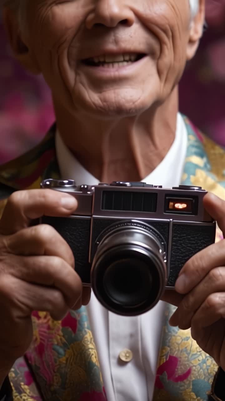 Un gioioso anziano in un abito vivace tiene una macchina fotografica vintage, catturando momenti preziosi in un'ambientazione colorata ricca di motivi floreali e illuminazione brillante