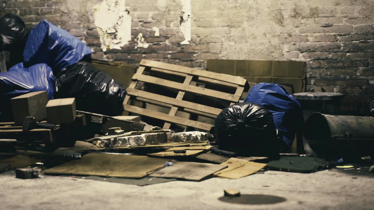 Disordine di materiali di scarto in uno spazio urbano in penombra.