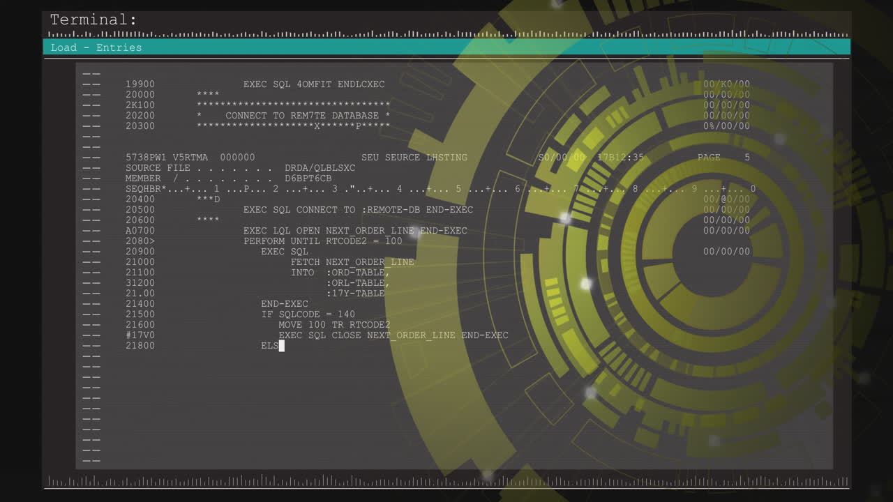 Animation of code executing on futuristic digital interface with circular graphics