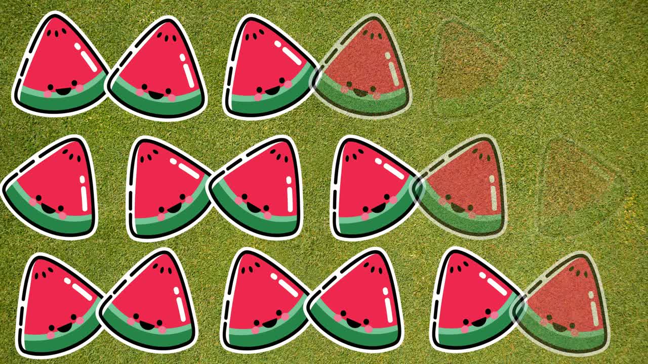 Animation of single watermelons floating on green background