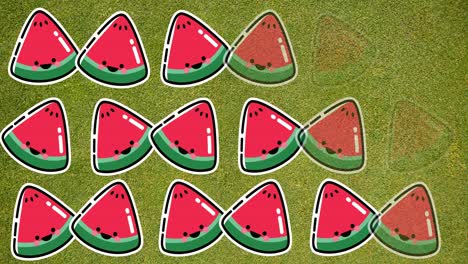 animation of single watermelons floating on green background