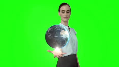 Mujer-De-Negocios-Con-Animación-De-Globo-Frente-A-La-Pantalla-Verde