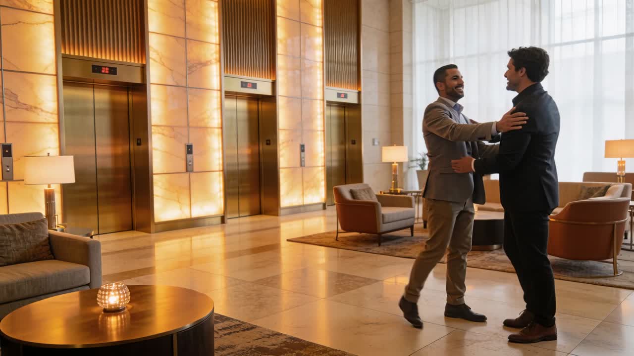 Ved ankomsten omfavner to mænd i jakkesæt hinanden, giver derefter hånd og samtaler i lobbyen ved elevatorerne.