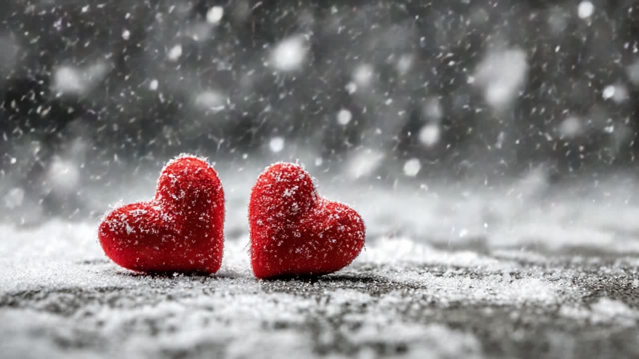 Two Red Hearts in a Snowy Environment: A Symbol of Love and Togetherness Amidst the Wintery Background Filled with Falling Snowflakes