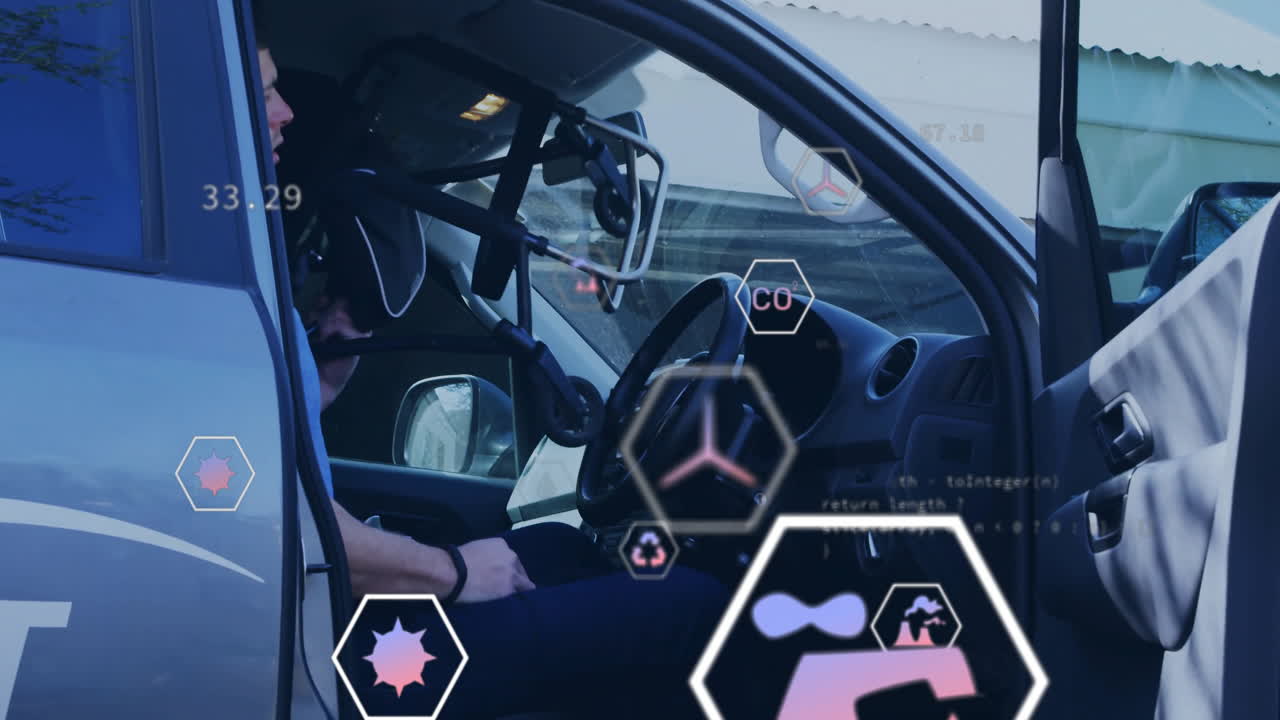 장애인 백인 남자가 체어를 차에 넣는 생태학 아이콘의 애니메이션