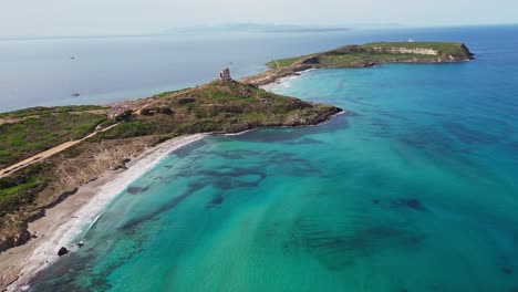 Long-sandy-beach-and-Capo-San-Marco-Peninsula,-San-Giovanni-di-Sinis,-Sardinia---4k-Aerial