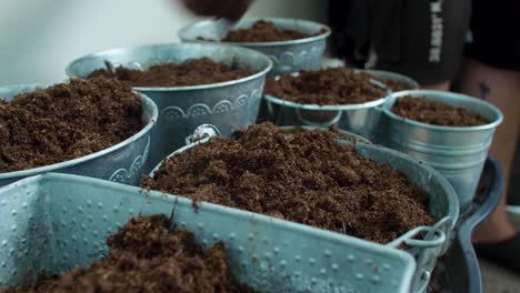 the pots are being filled up with soil, as the earth is being deposited into them