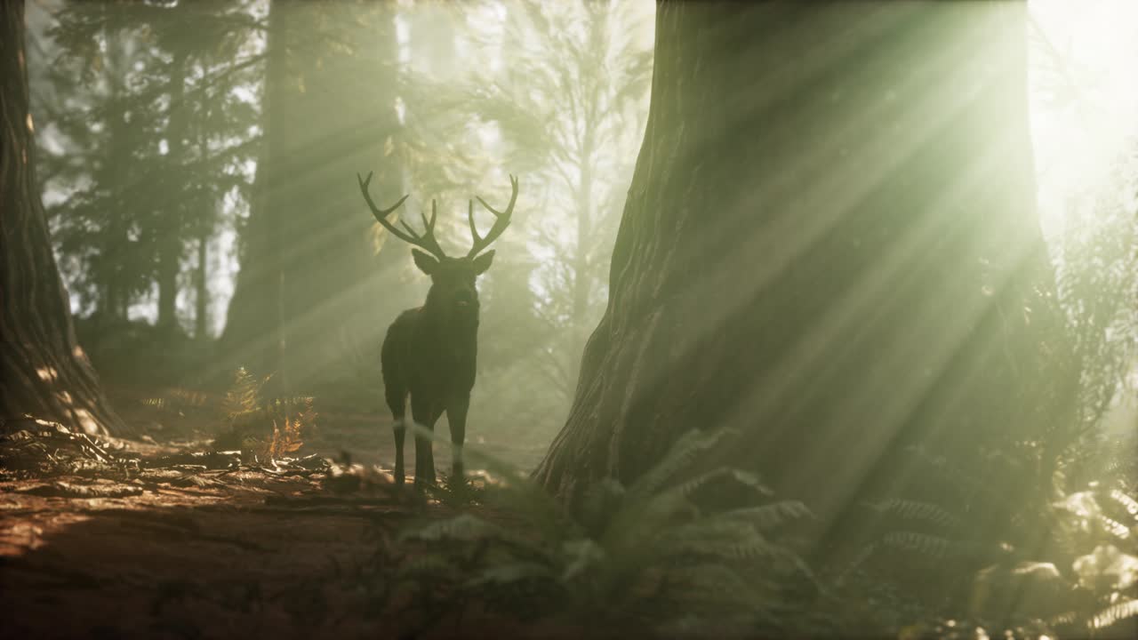прекрасный олень в лесу с удивительными огнями утром