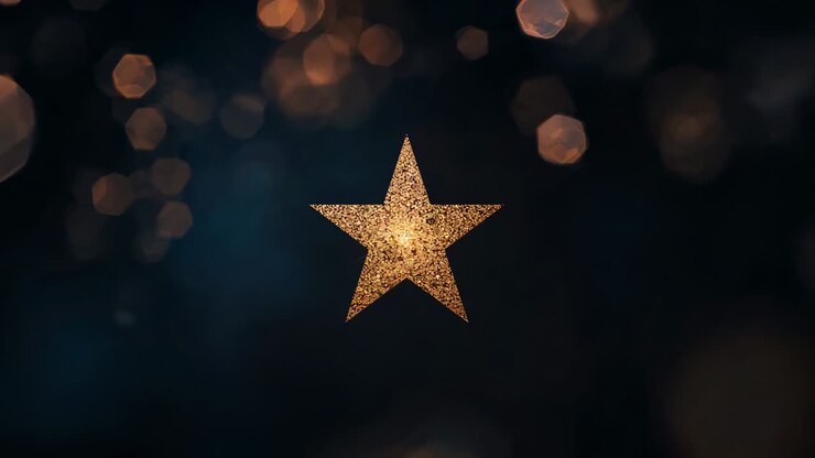 Animation starting, gold glitter star staying centered on teal backdrop, bokeh drifting for effect
